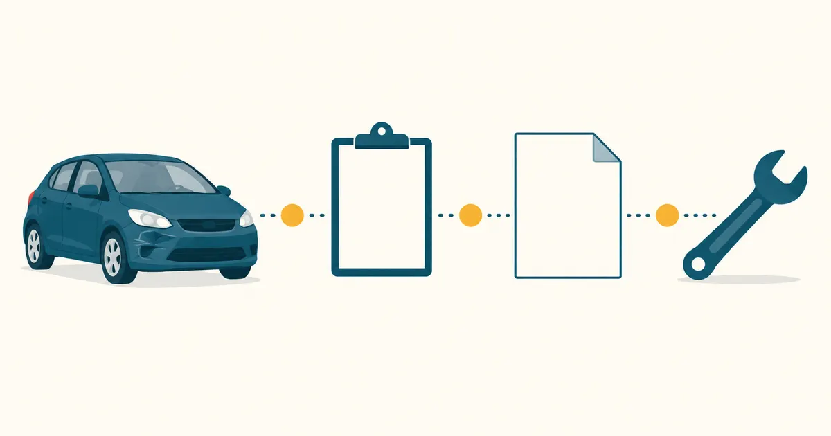 Ilustrasi empat langkah tuntutan insurans kereta: kereta rosak, borang, dokumen dan bengkel