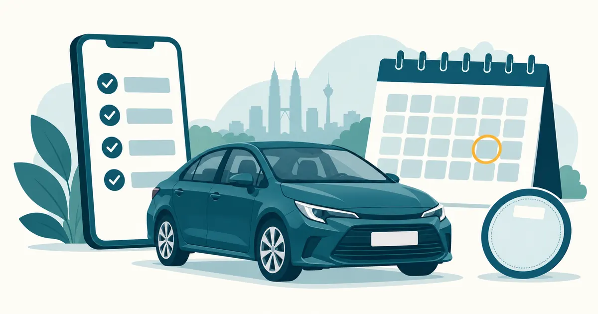 Ilustrasi kereta, senarai semak di telefon dan kalendar tarikh tamat insurans